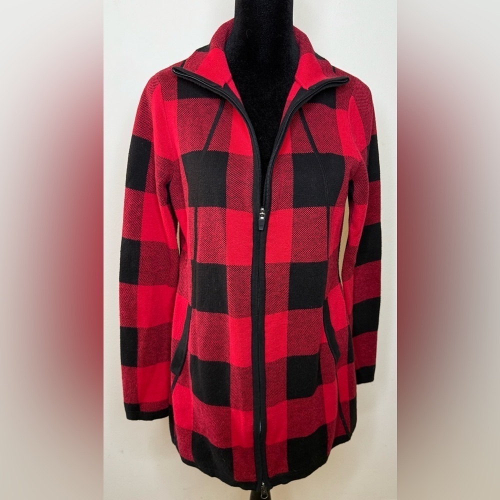 Adrienne Vittadini cozy buffalo check cardigan sweater jacket pockets medium EUC